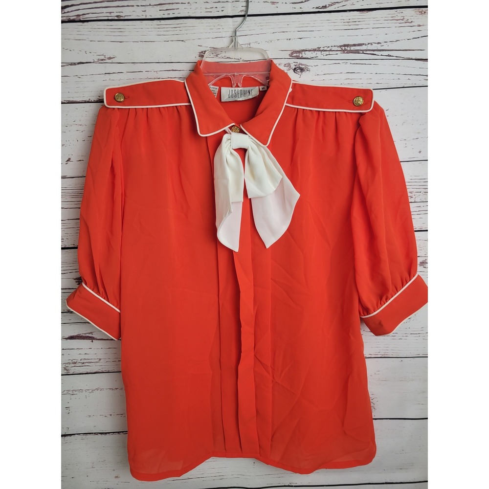 Josephine Blouse Orange Vintage 80s Secretary Bow Tie Contrast Trim Epaulettes